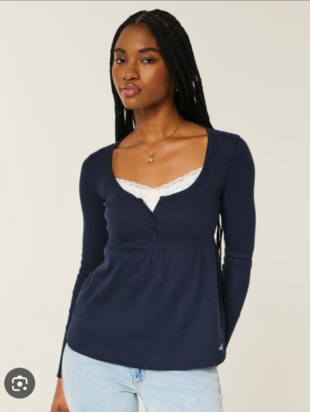 Hollister Dark Navy Scoop Neck Henley with Waist Ties
